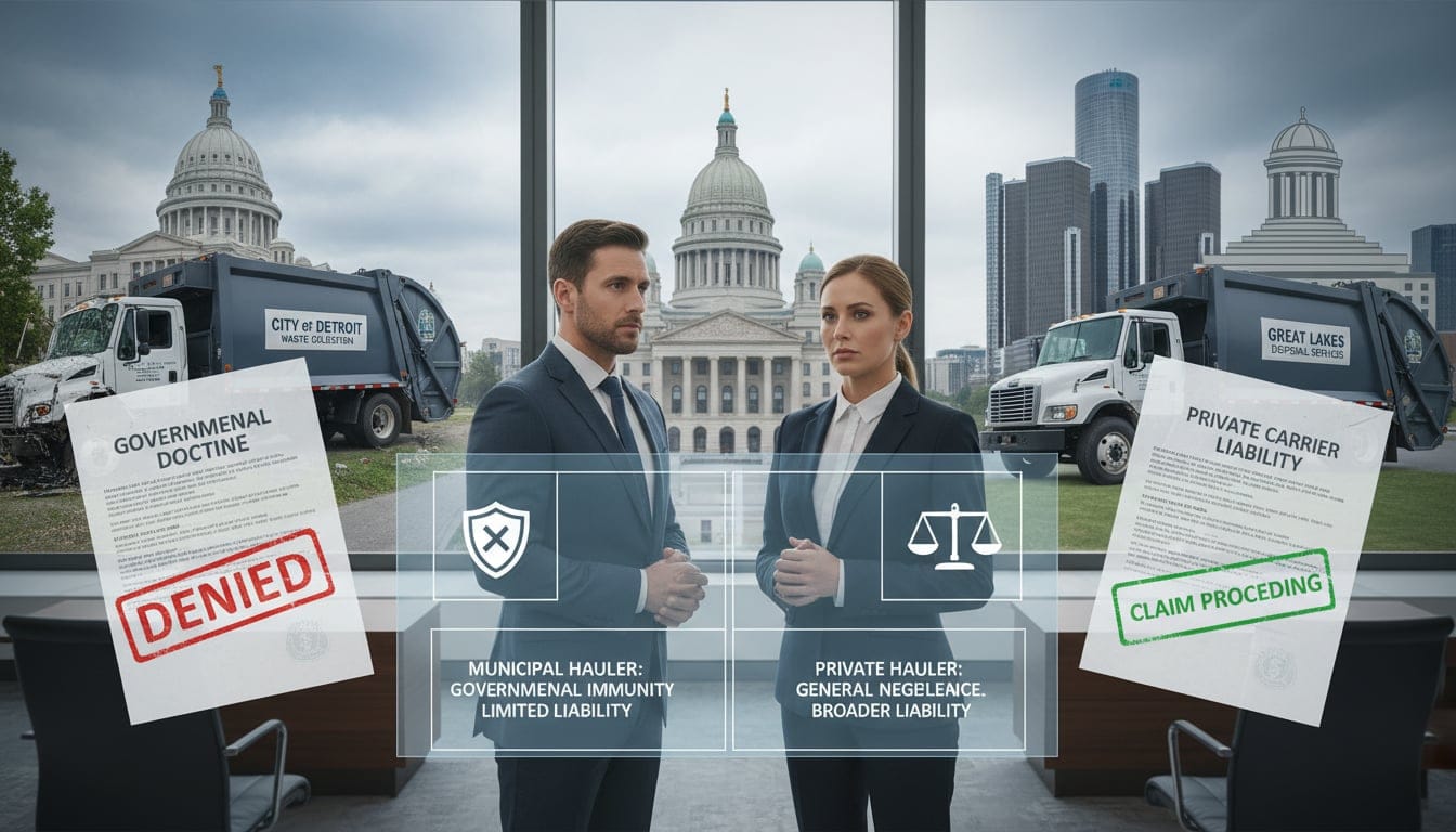 Michigan garbage truck accident liability differences between municipal and private waste haulers showing governmental immunity issues