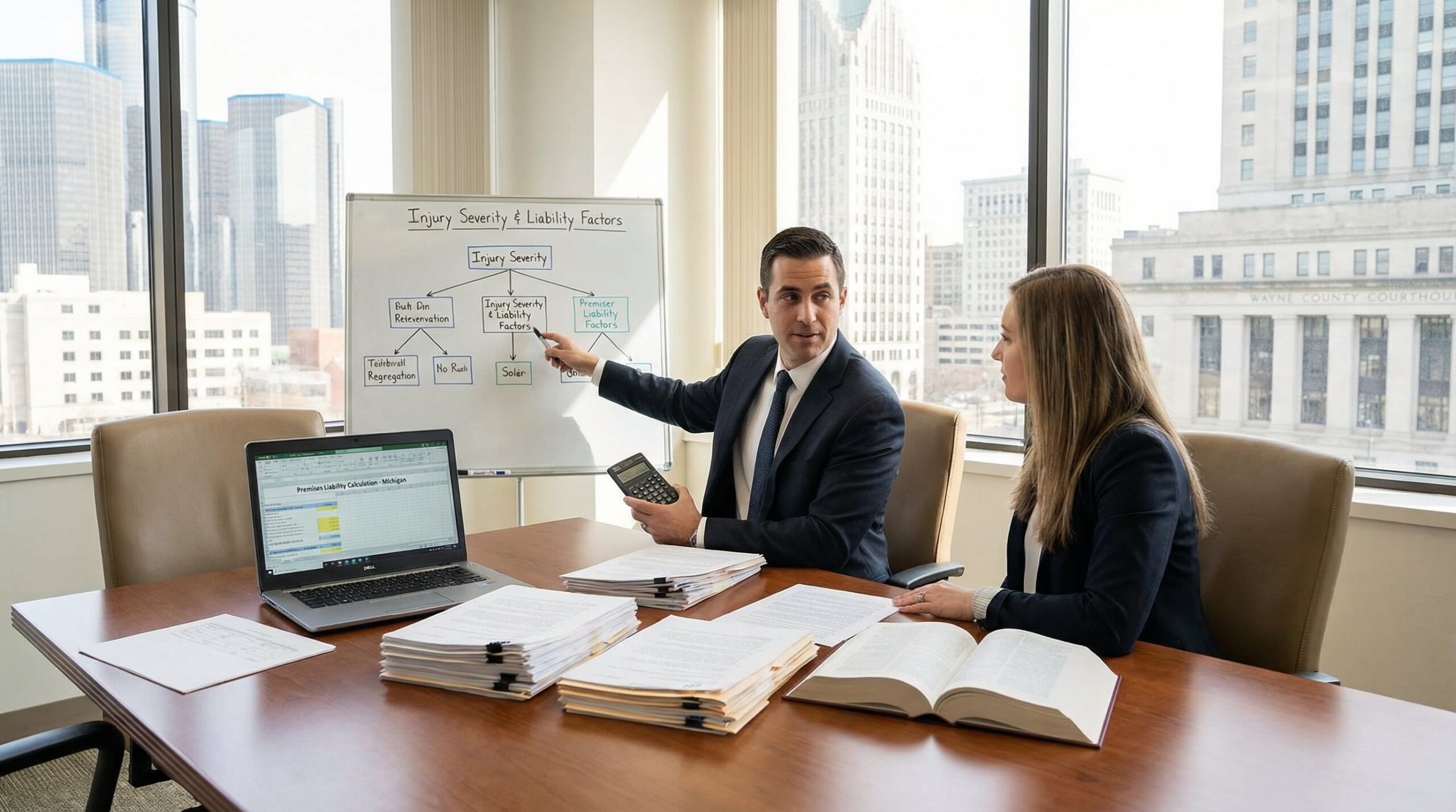 Michigan premises liability lawyer calculating slip and fall settlement value based on injury severity and liability factors