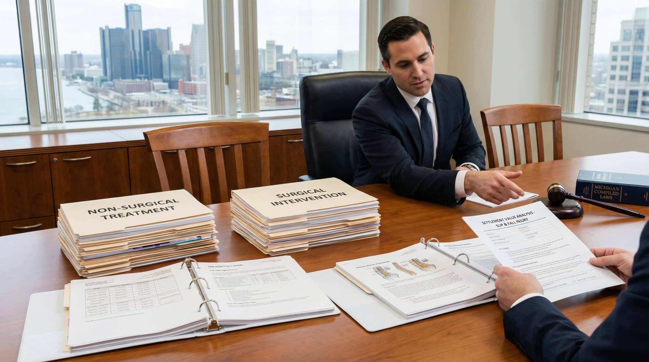 Medical documentation showing difference between surgical and non-surgical slip and fall injury treatment affecting settlement value