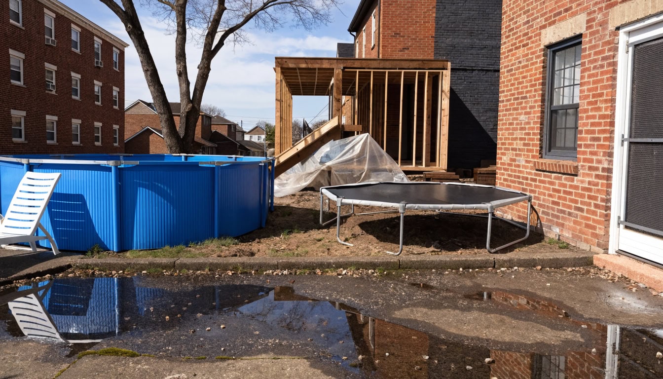 Common attractive nuisances including unfenced swimming pool, trampoline, and construction site hazards