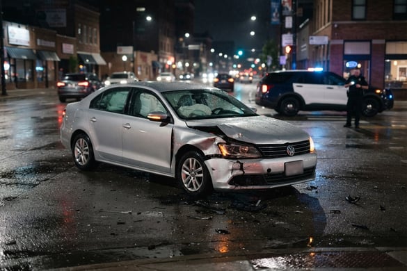Damaged silver car at an urban intersection at night after an auto accident in Michigan