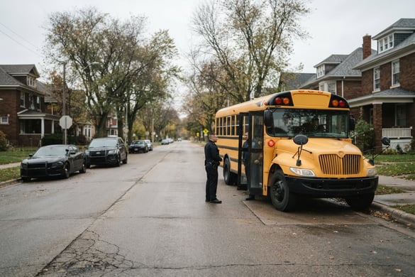 School bus accident scene on a city street with police responding