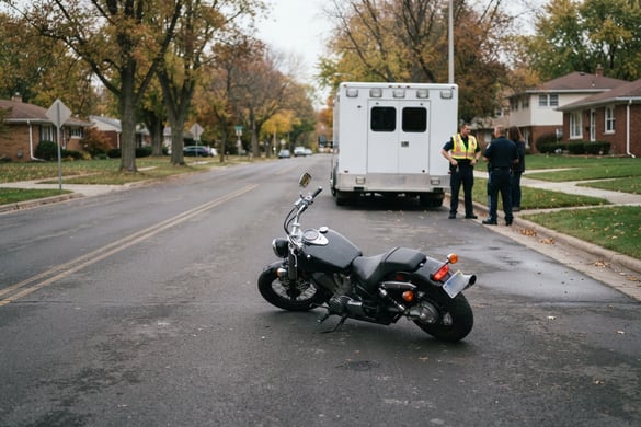 Overturned motorcycle on a Michigan road with an ambulance responding nearby